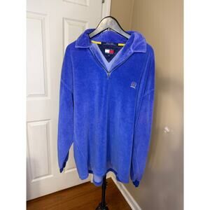 Vintage Tommy Hilfiger Velour Quarter Zip Pullover Men’s XL Blue Crest Logo 90s